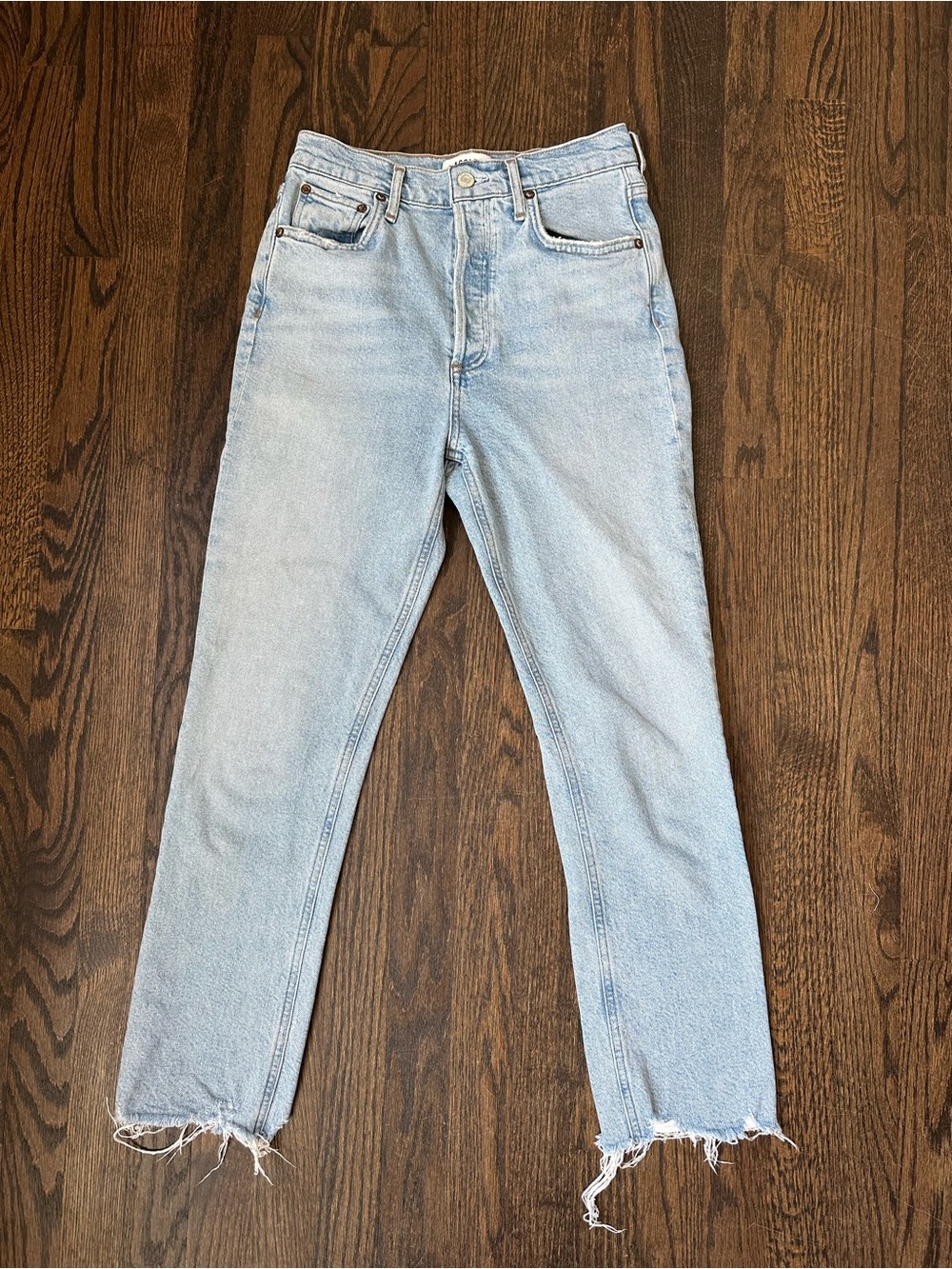 AGOLDE Pinch Waist High Rise Straight Jeans 25 Light Wash Raw Hem 90s Denim
